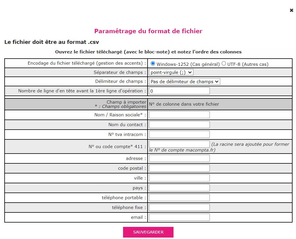 Paramétrage du format de fichier